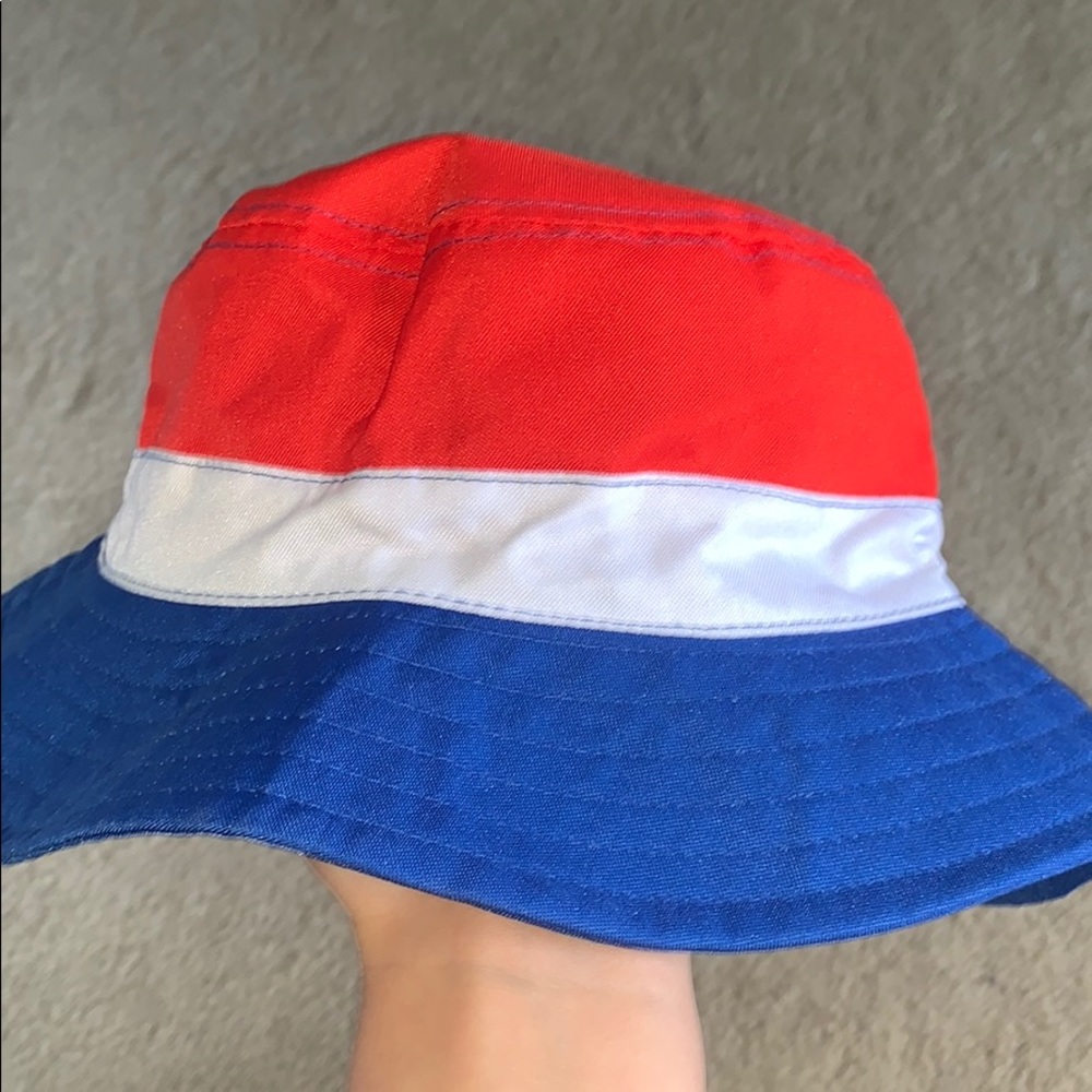 red, white, and blue bucket hat